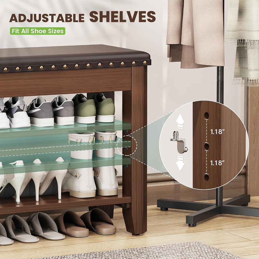 Shoe Bench for Entryway, Solid Rubberwood Shoe Bench with Hidden Storage, Adj...