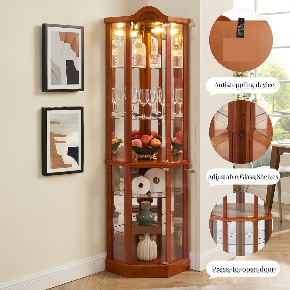 Classical Glass Cabinet Lighted, Wine Cabinet with Adjustable Glass Shelves, ...