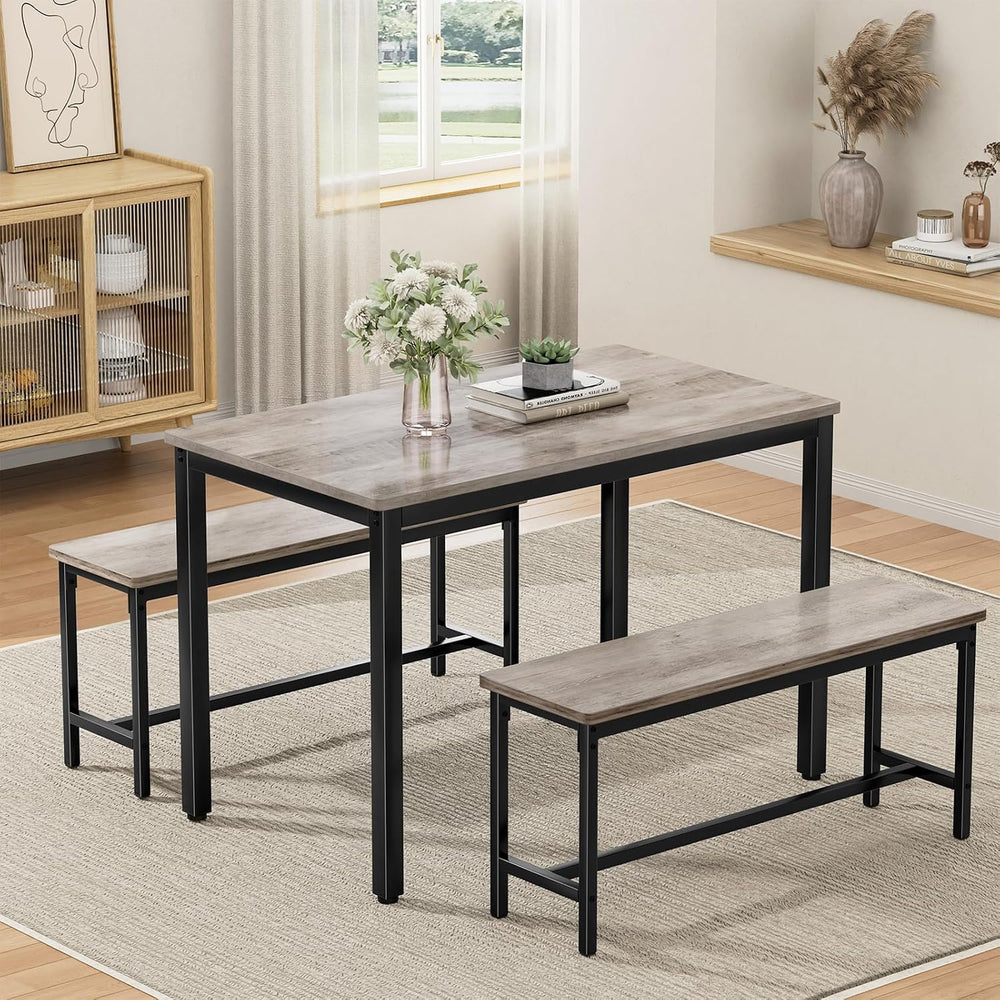 Dining Table Set for 4, 3-Piece Kitchen Table with 2 Benches, Grey