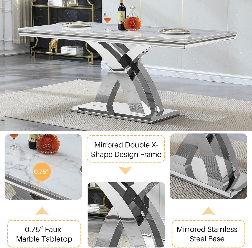 7 Piece Dining Table Set with Chairs, Faux Marble Dining Table and Black Chai...