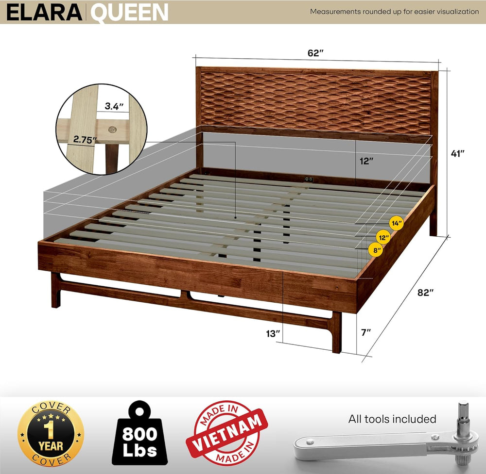 Acacia Elara Wood Bed Frame with CNC-Carved Headboard, Queen Size, Walnut