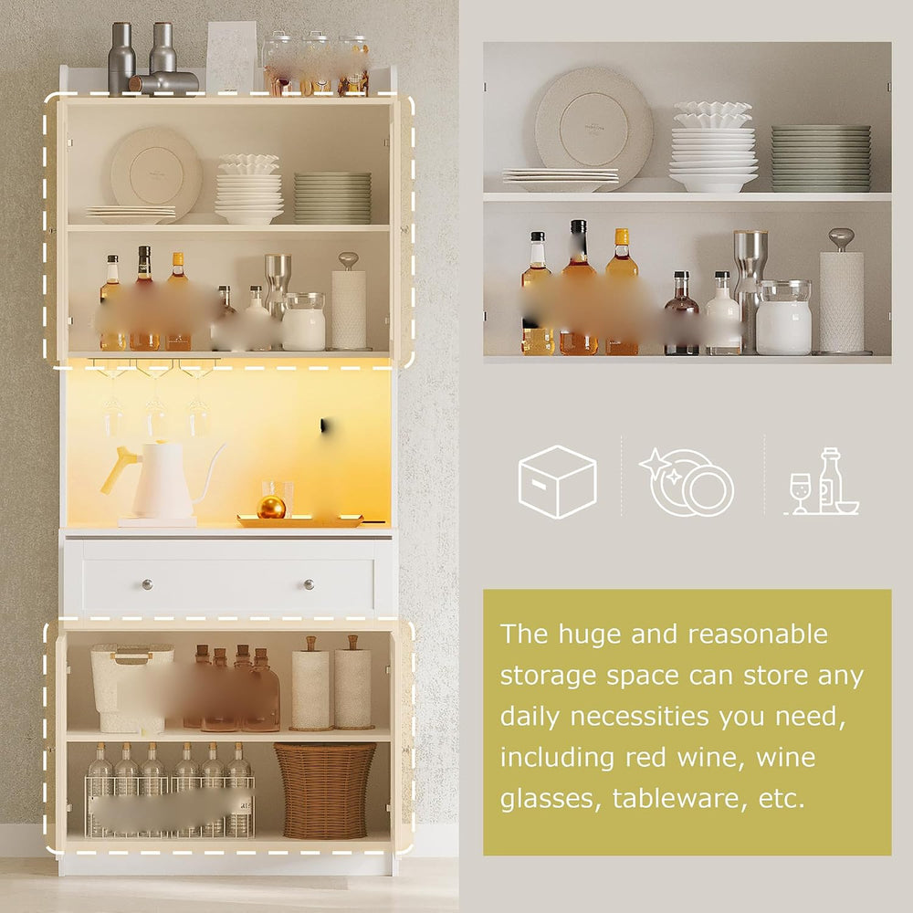 Kitchen Pantry Storage Cabinet 75.2” Tall, Modern Microwave Stand with Chargi...