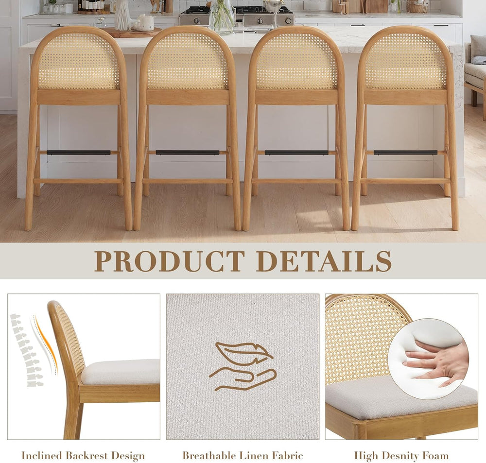 HEAH-YO Rattan Bar Stools Set of 2, 26 Inch Wood Counter Stools with Bakcrest...