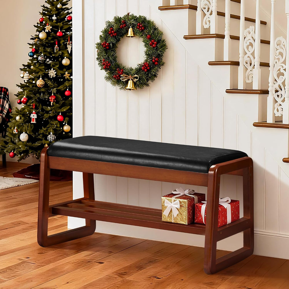 HABUTWAY Solid Wood Shoe Rack, Entryway Shoe Bench with Cushion, 2 Tier Shoes...