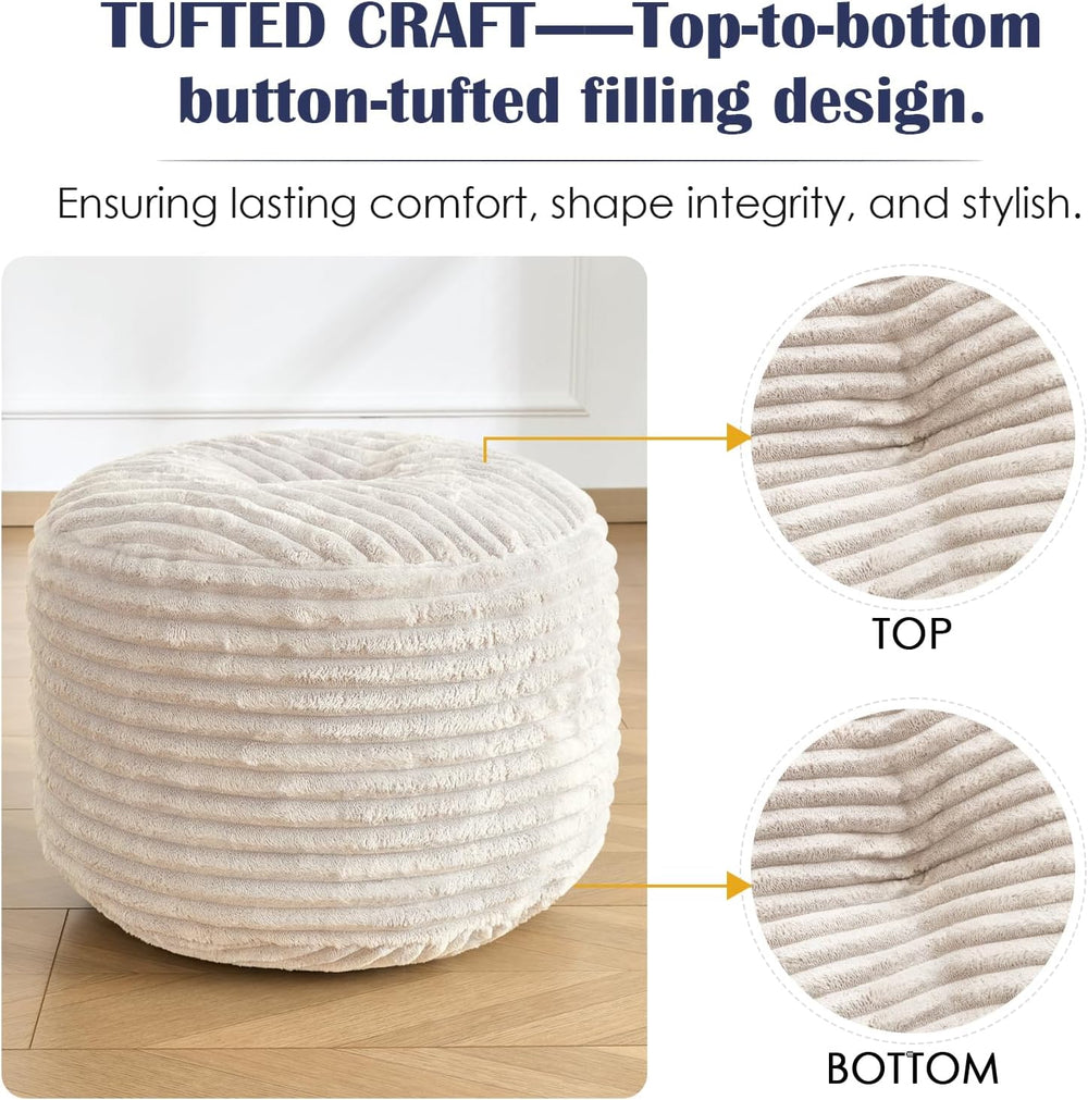 Stuffed Round Ottoman,Corduroy Pouf Ottoman Foot Rest,20 X 15 in,Beige | Memo...