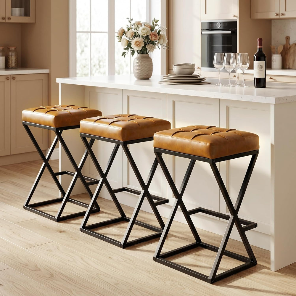 Bar Stools Set of 3, 26 Inch Counter Height Stool Faux Leather Brown