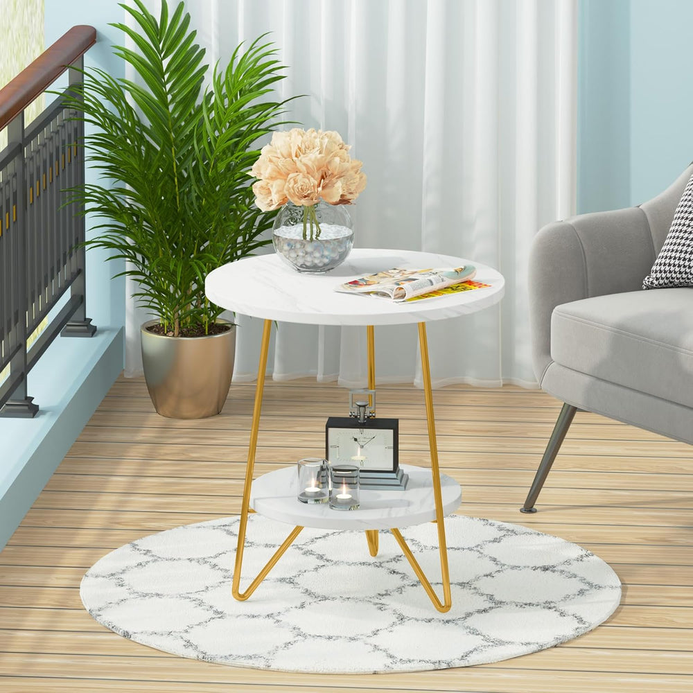Tribesigns 2 Tier Round Side Table, Faux Marble End Table with Shelf, Small G...