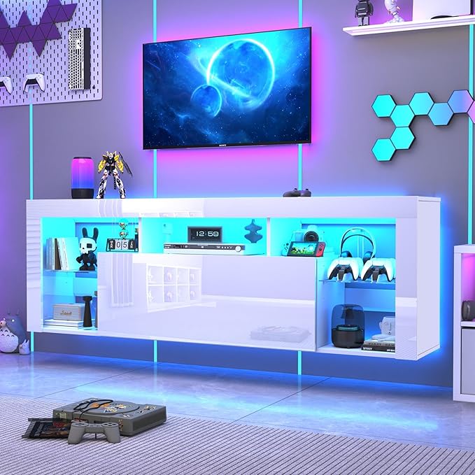 71" Floating High Gloss LED TV Stand for up to 85" TVs, Wall-Mounte...