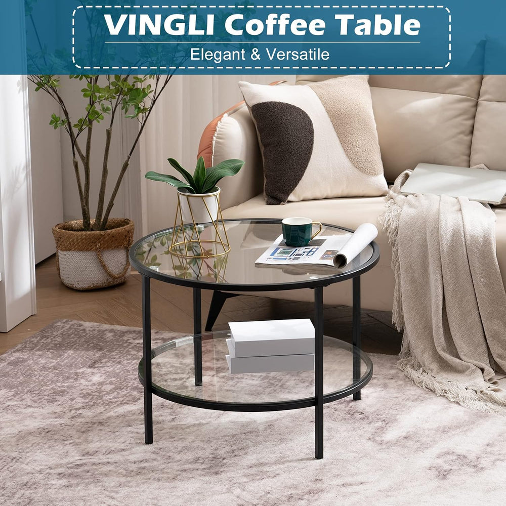 VINGLI 25.6" Glass Coffee Table, Round Coffee Tables for Living Room, Black