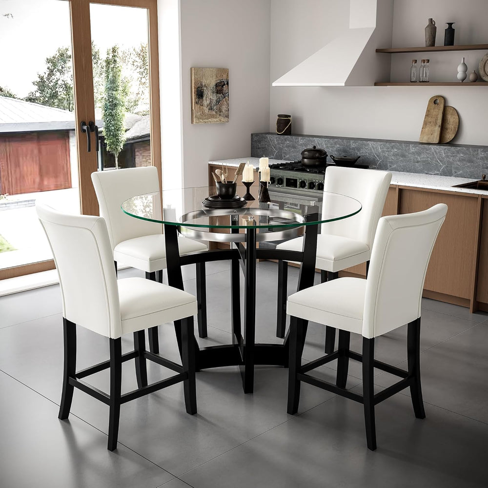 PADMA HOUSE Glass Pub Dining Set for 4, 45in Modern Round Wood Glass Counter ...