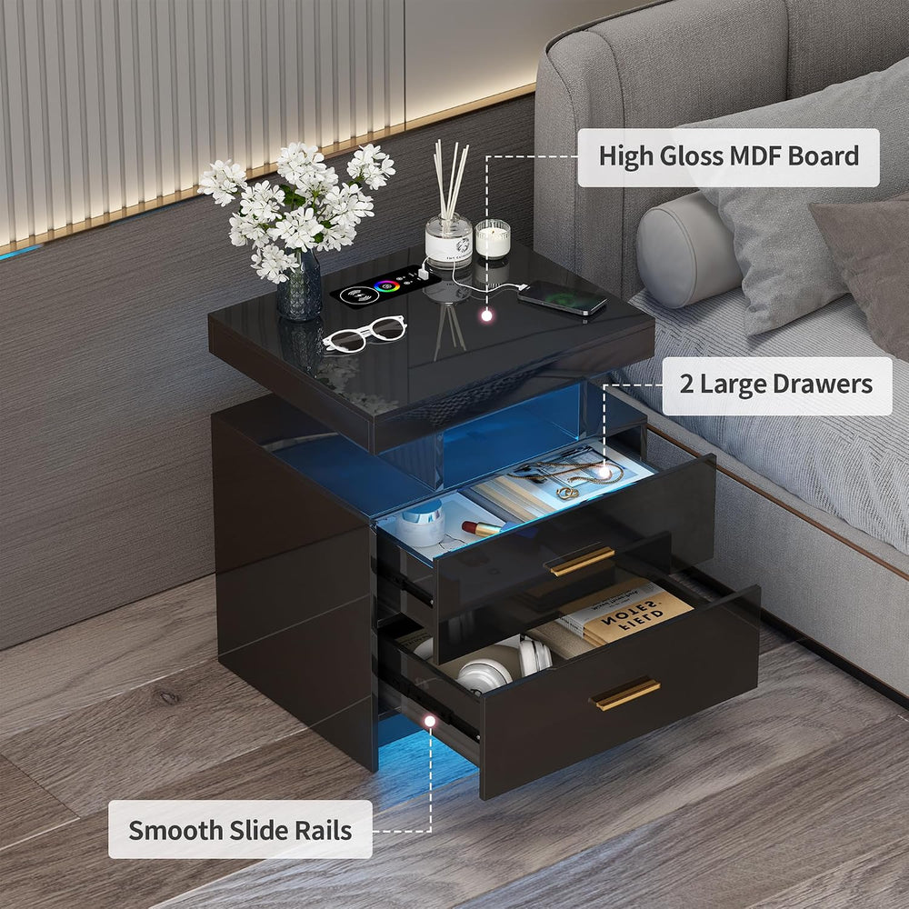 Lvifur Smart Nightstand with RGB Lights & Wireless Charging Station - Bla...