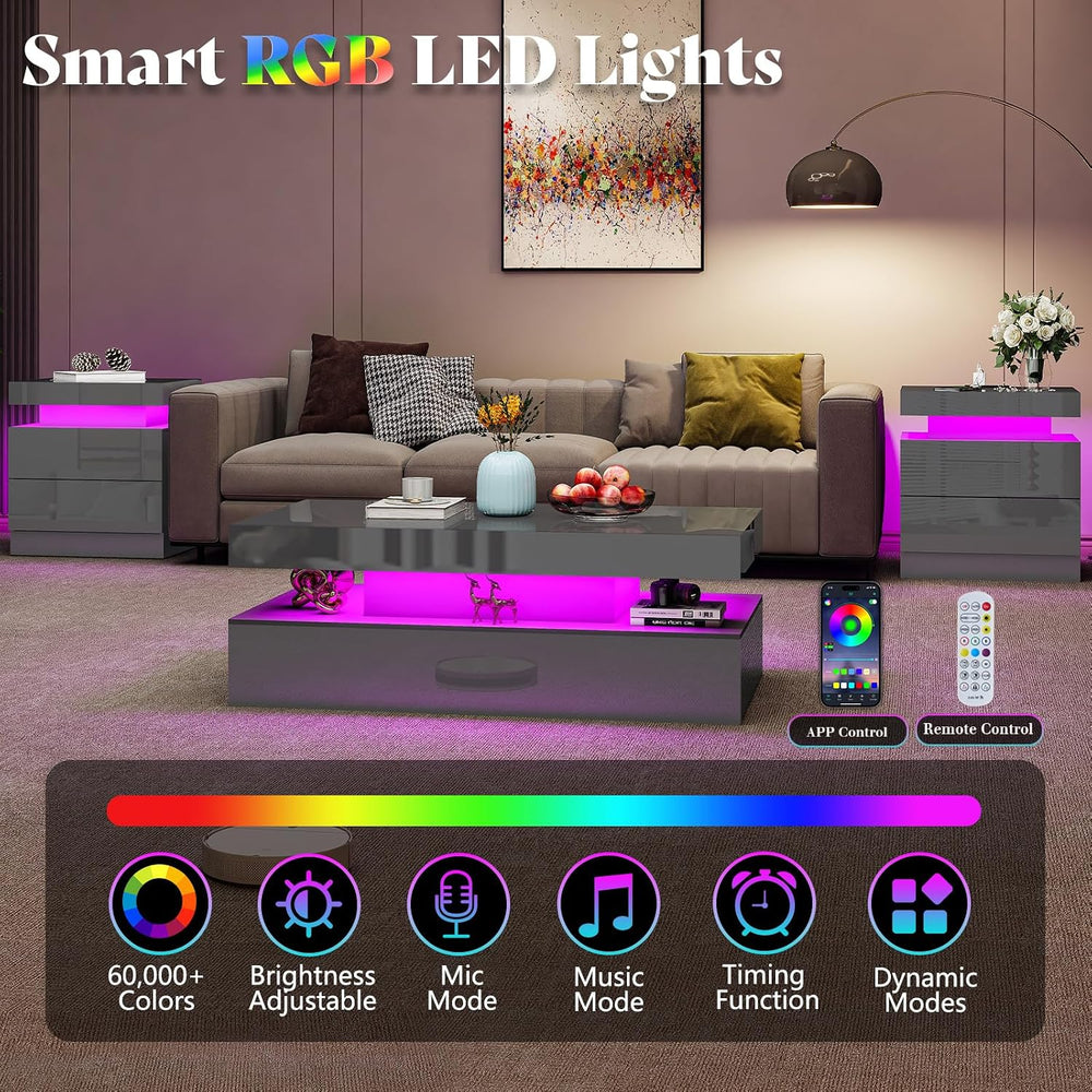 AMERLIFE 40" High Gloss LED Coffee Table with 2-Tier Storage