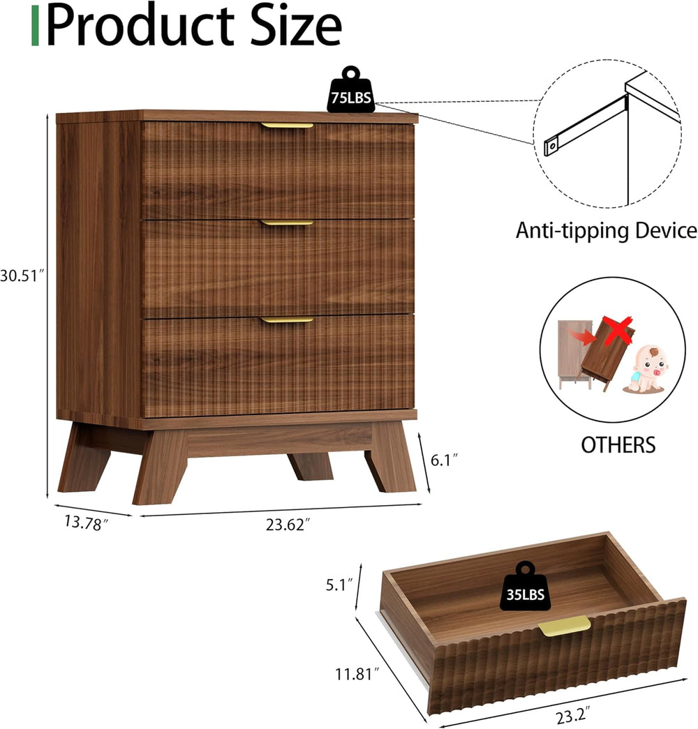 Xixini Fluted Nightstand, 24" Wide Side Table with 3 Large Storage Drawe...