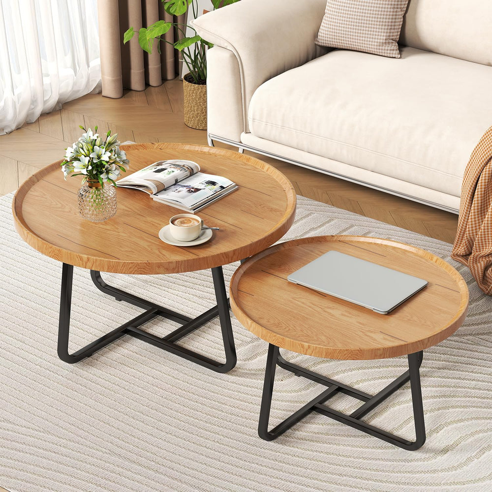 Round Nesting Coffee Table Set of 2, Tea Table for Small Spaces, Circle Wood ...