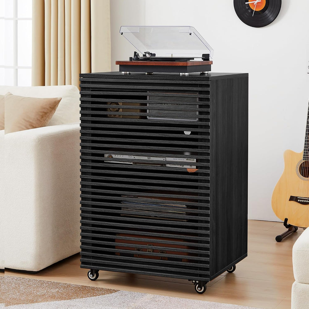 LEVNARY 5-Tier AV Media Cabinet with Grille Door, Modern Wooden Stereo Rack w...