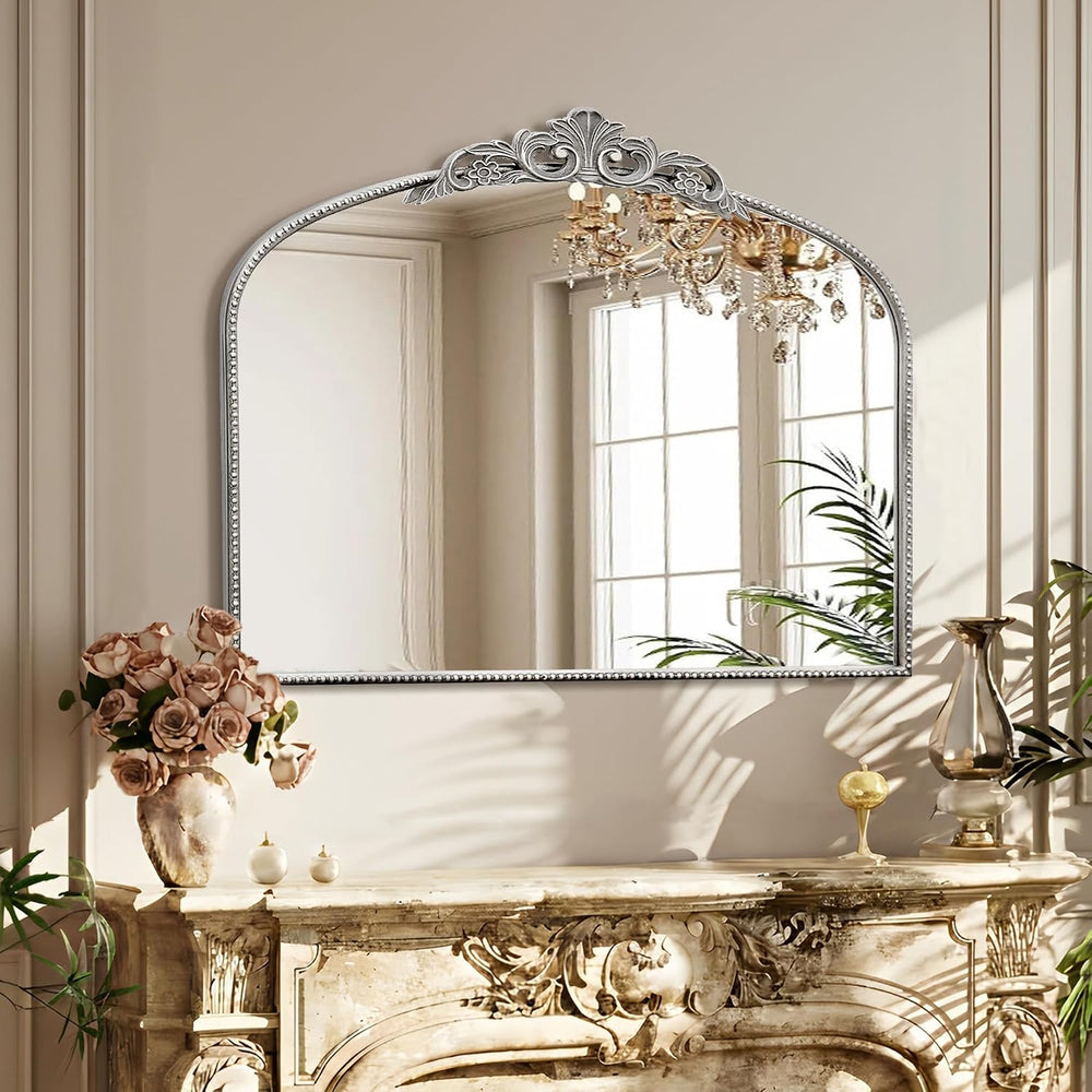 Vintage Silver Wall Mirror: 40"x29" Baroque Antique Arched Mirror