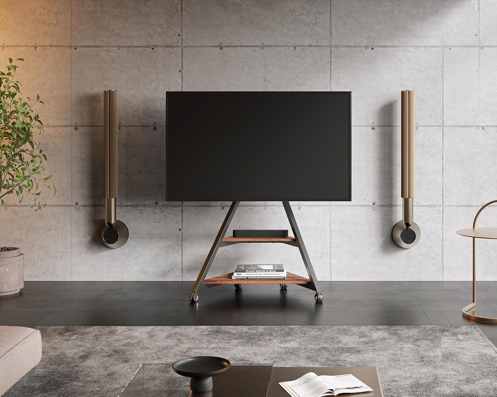 FITUEYES Corner TV Stand for 55-88inch TV with Wooden Storage Shelf, Walnut |...