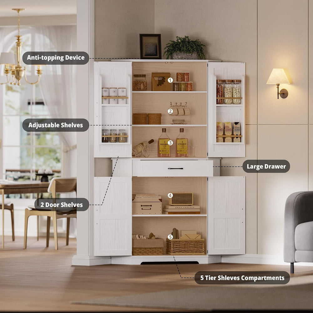 IRONCK 72" Corner Pantry Cabinet with Drawer and 4 Doors, White | Kitche...
