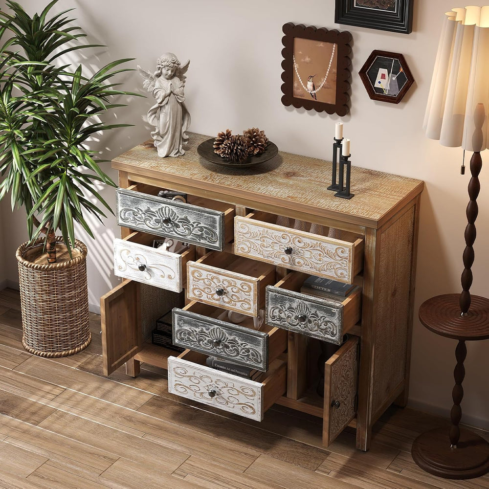 Console Table w Carved Doors and Drawers Sofa Table Wood Sideboard Cabinet wi...