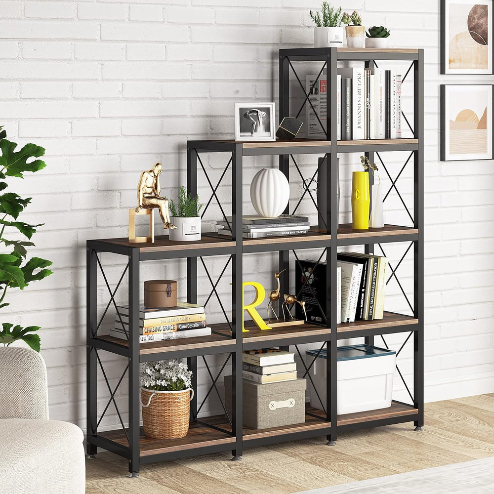 Tribesigns 12 Shelves Bookshelf, Industrial Ladder Corner Bookshelf 9 Cubes S...