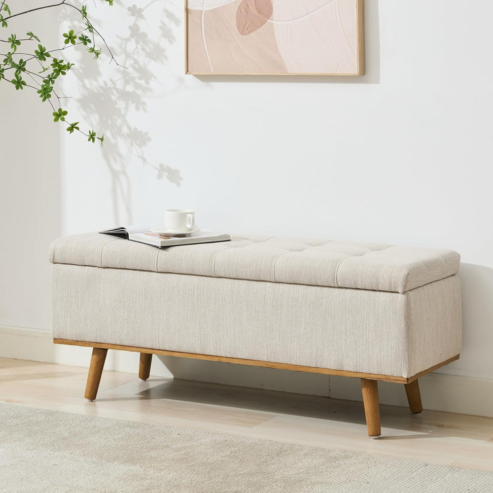 Storage Ottoman Bench, 45" End of Bed Bench, Beige | Hidden Storage Spac...