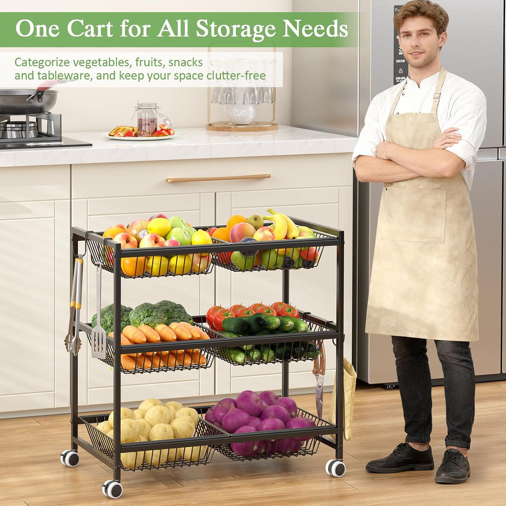 3-Tier Rolling Pantry Floor Organizer Cart with 6 Detachable Baskets, Metal W...