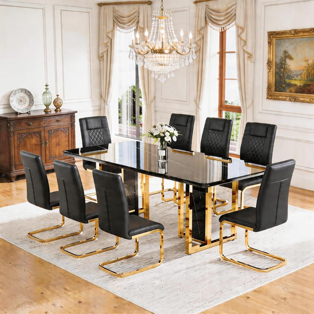 79" Black Dining Table Set for 8,Modern Luxury Dining Table Set with Chr...