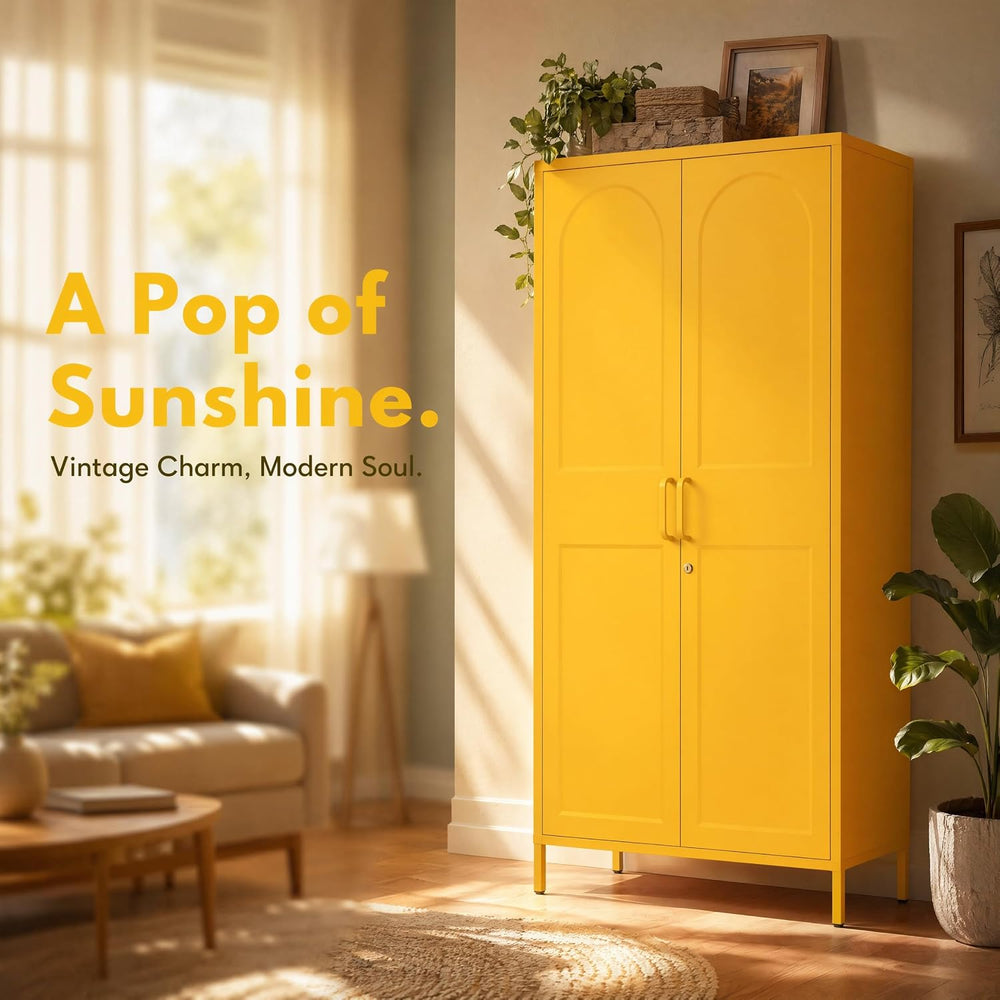 67 Inch Lockable Yellow Steel Wardrobe Storage Cabinet, Freestanding Metal Ar...