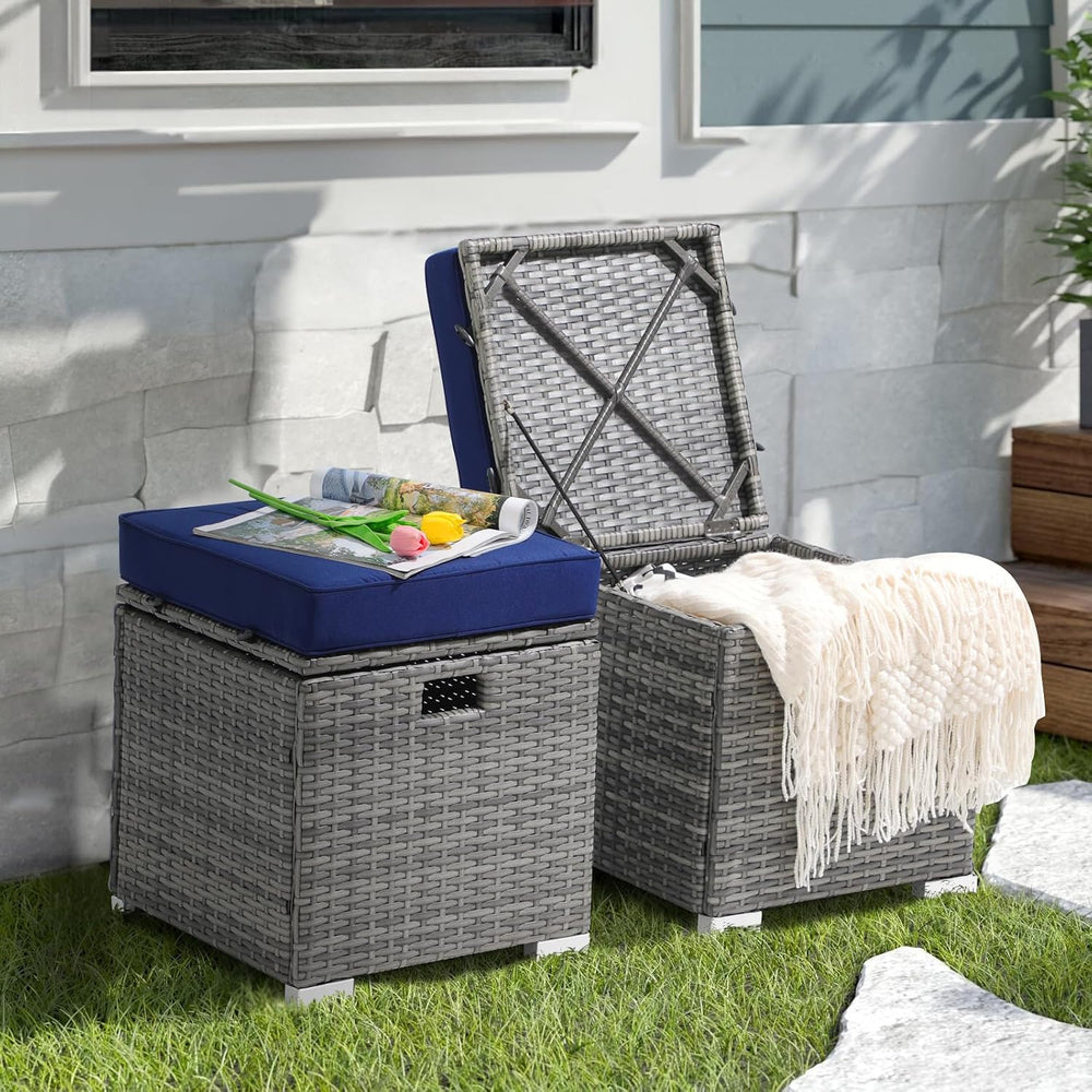 Patiorama 2 Piece Outdoor Patio Ottoman with Storage, Wicker, Navy Blue