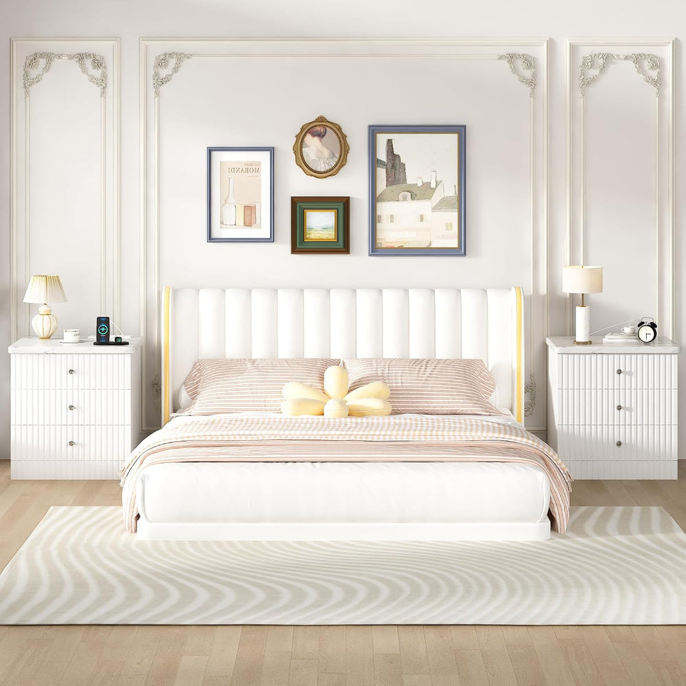 AWQM White Nightstand Set of 2, Night Stand with Charger Station and 3 Drawer...