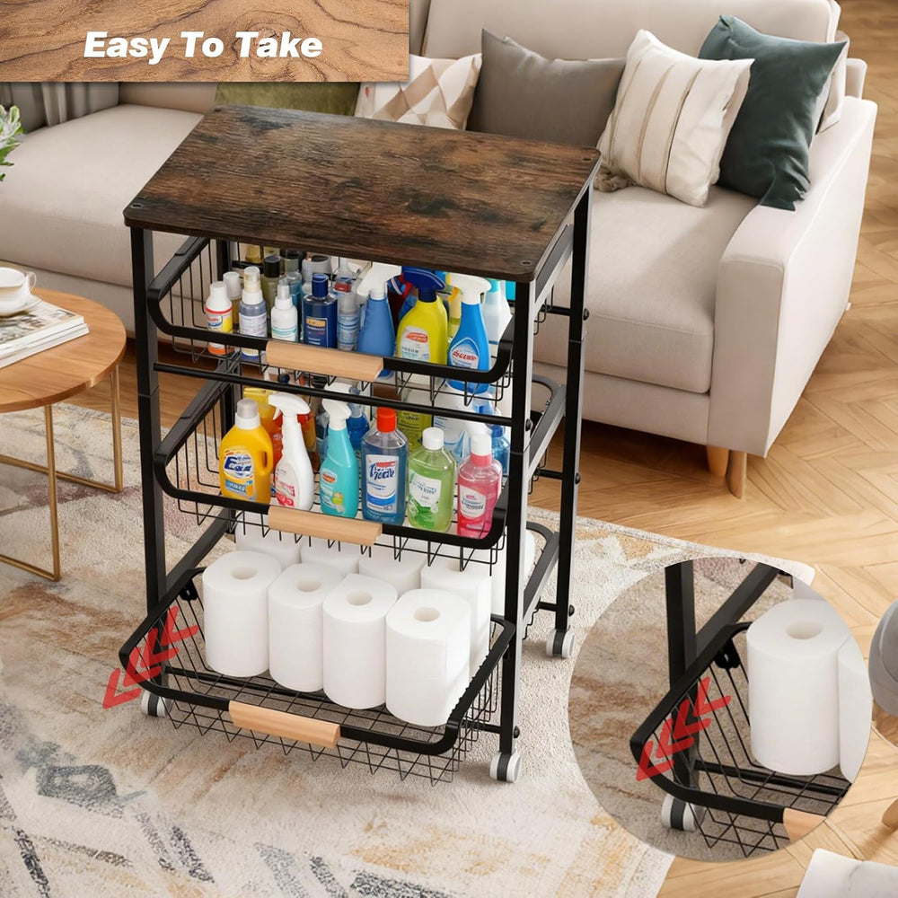 5-Tier Utility Kitchen Cart Storage with Pull-Out Baskets and Wood Top,Heavy ...