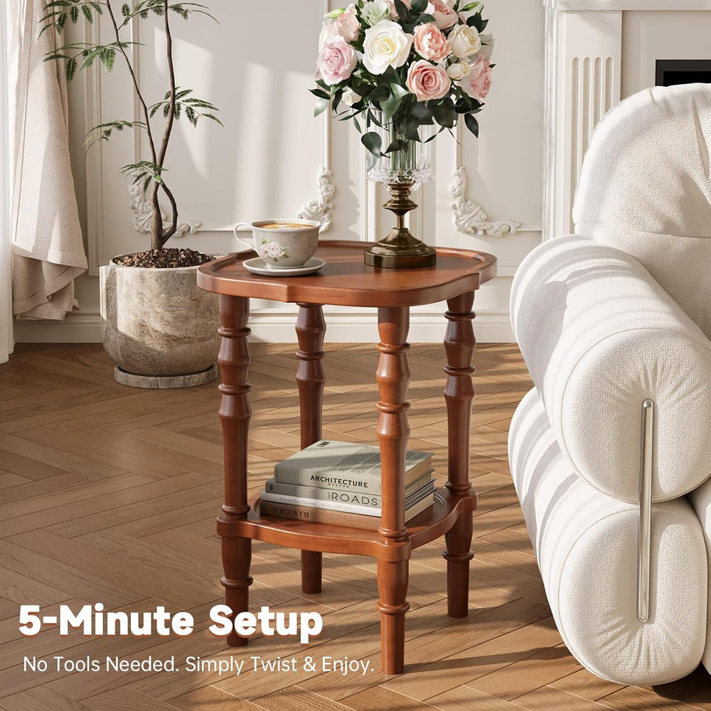 100% Solid Wood Side Table, Vintage 2-Tier Small Round End Table, Nightstand ...