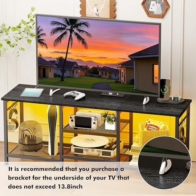 YGEOMER Black TV Stand Entertainment Center for 55 Inch TVs, with Charging St...