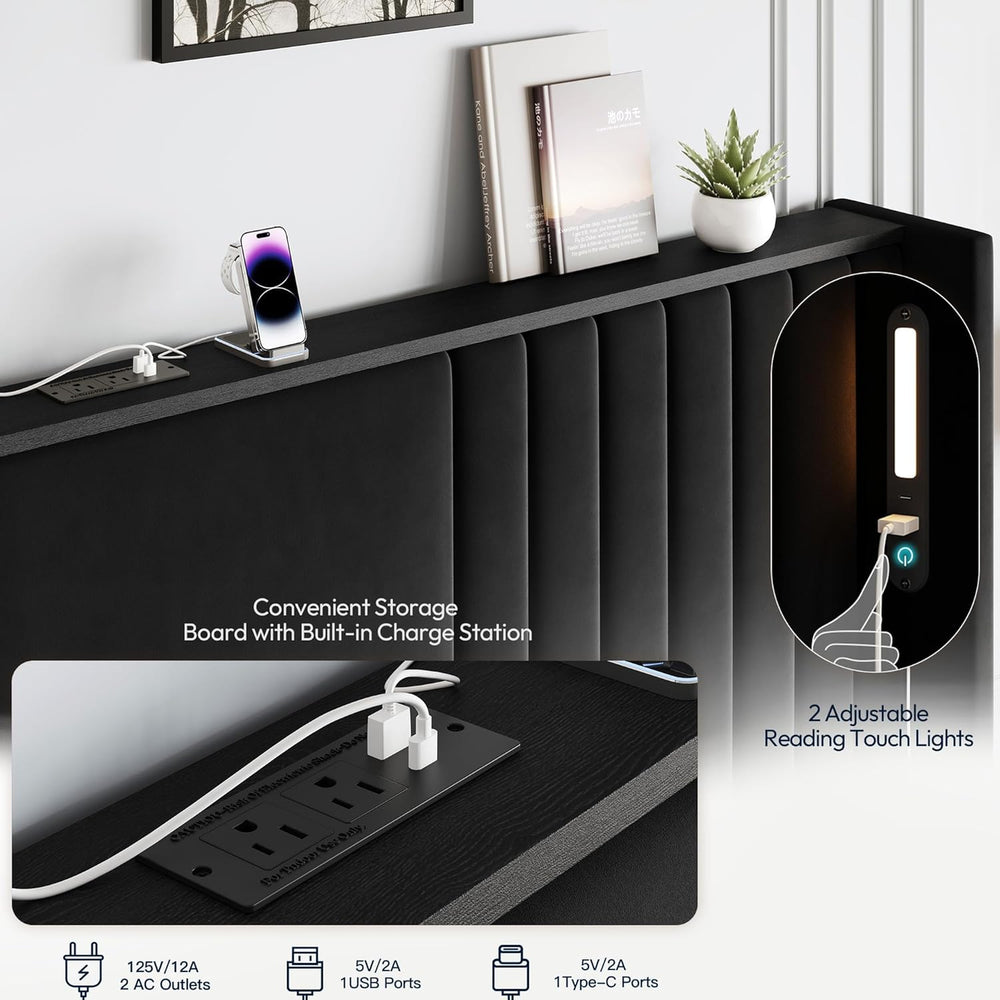 55" Tall King Size Platform Bed Frame with 2 Reading Lights, Black
