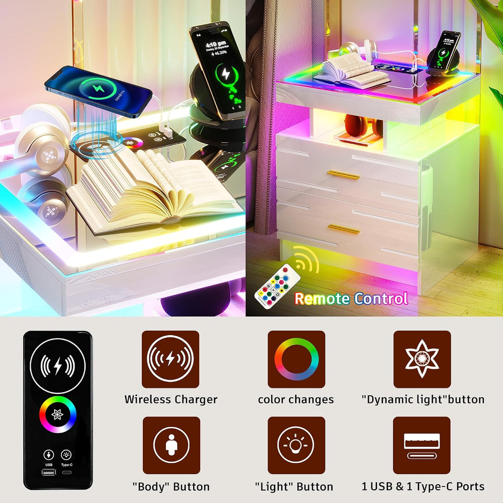 WOOVIVS Smart Nightstand with RGB Lights&Charging Station for Bedroom-White
