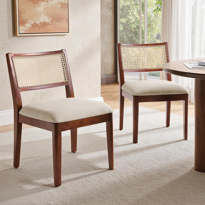 HULALA HOME Rattan Dining Chairs Set of 2, French Solid Wood Kitchen Dining Room Chairs with Curved Back, Upholstered Accent Dinner Cane Chair for Living Room Restaurant, Walnut