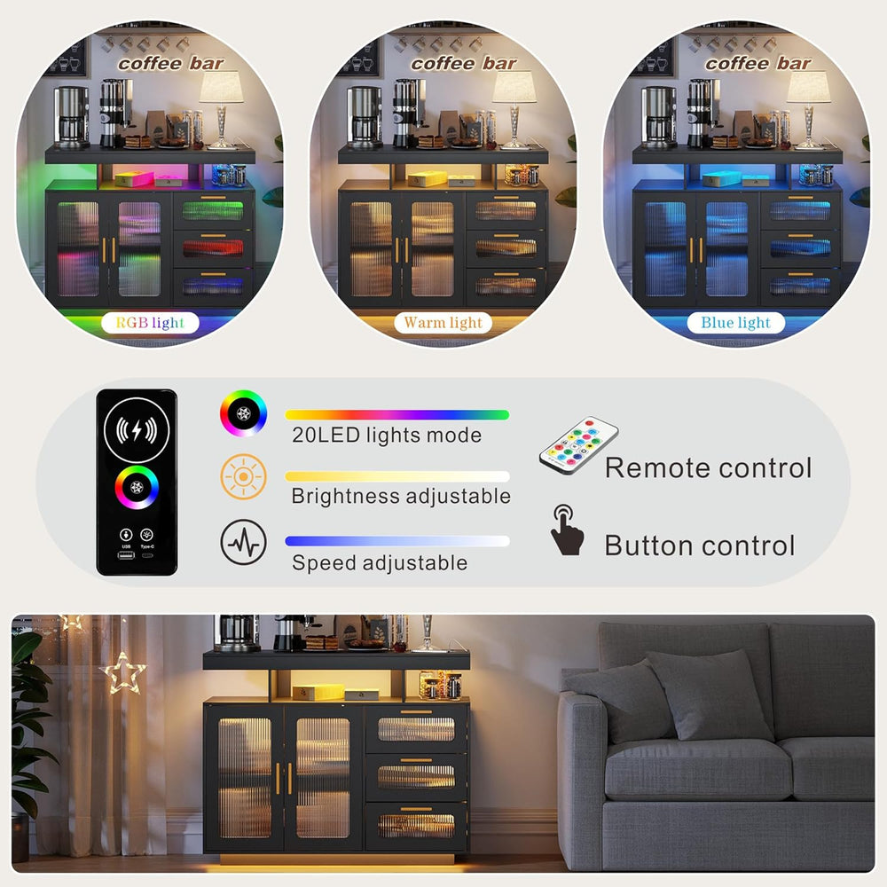 HWB Coffee Bar Cabinet with Storage, Buffet Sideboard with RGB Light, Modern ...