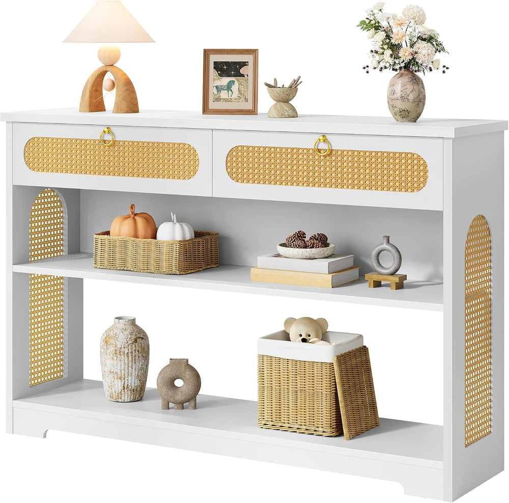 Hoctieon Rattan Console Table with 2 Drawers, 3-Tier Boho Woven Entryway Tabl...
