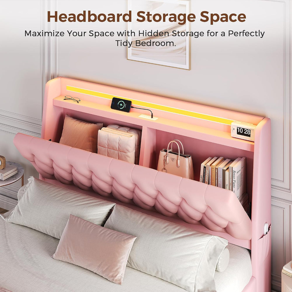 Queen LED Velvet Bed Frame with 2 Storage Drawers&Hidden Headboard, Uphol...