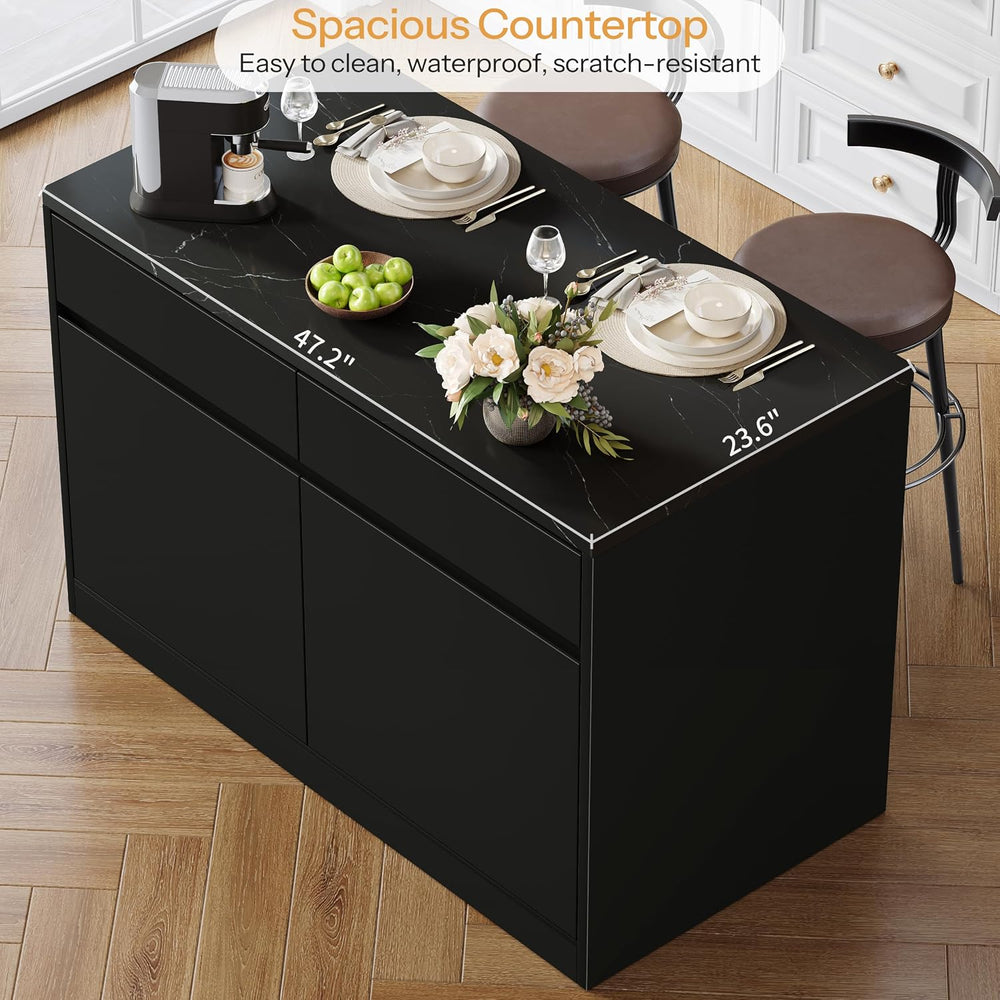 DynJest Kitchen Island with Storage, 47.2" Large Faux Marble Countertop ...