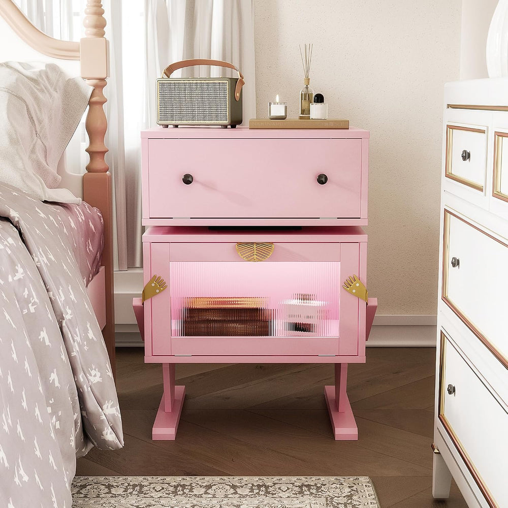 RoyalCraft Nightstand with LED Light Strips, Pink End Table for Bedroom | Mod...