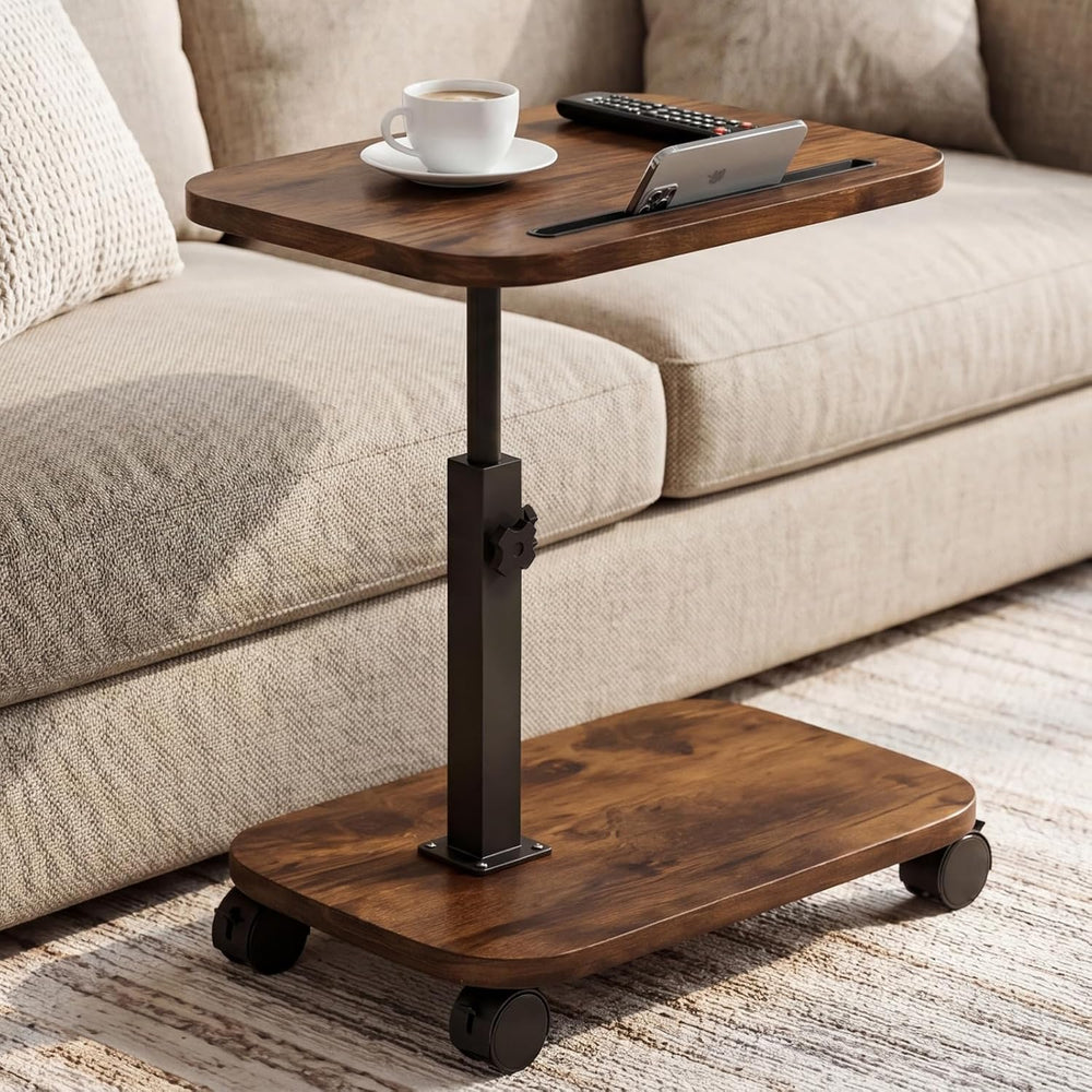 Adjustable TV Tray Side Table 360°Swivel Rolling, Rustic Brown | Adjustable H...