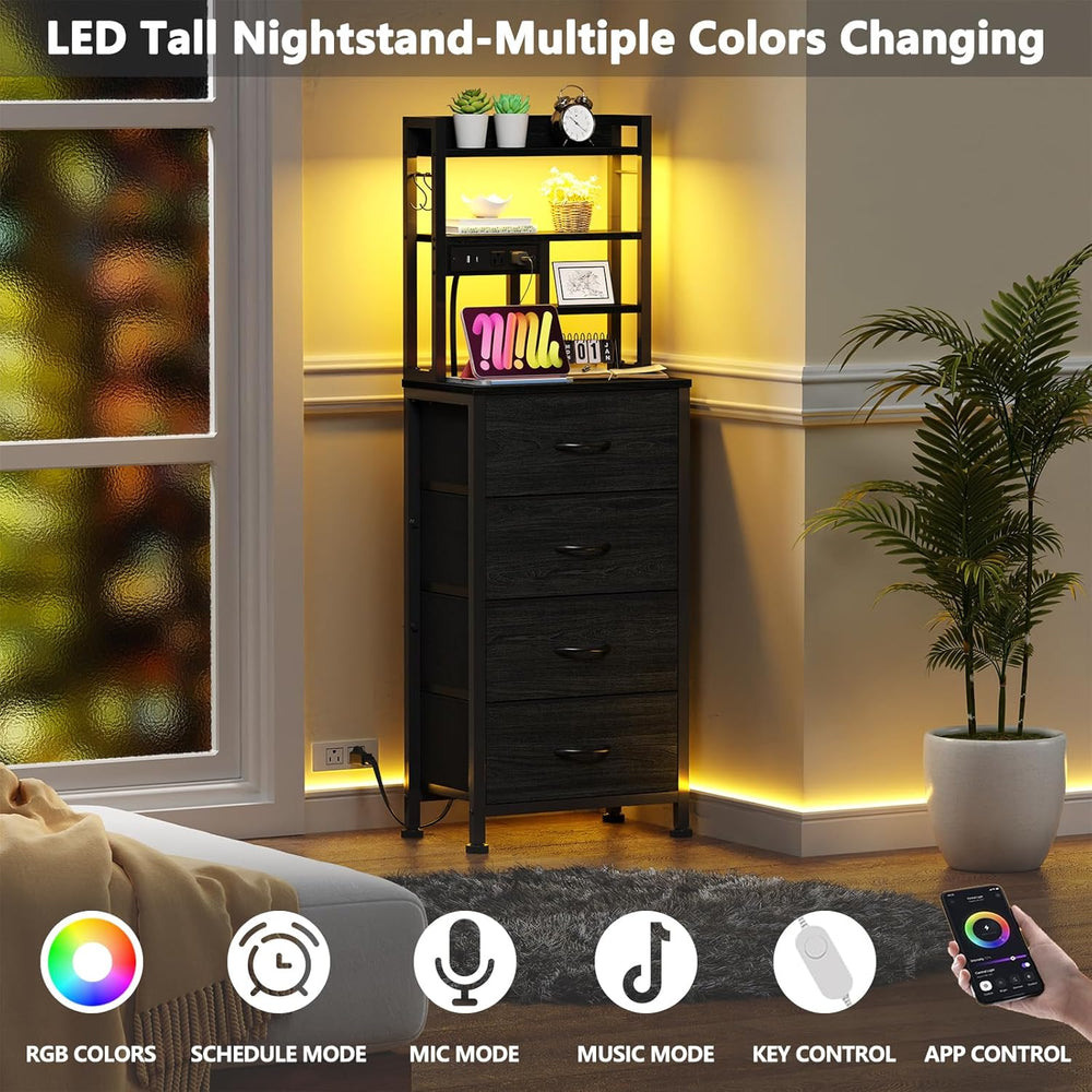 Furnulem Tall Nightstand, LED Night Stand with Charging Station | USB Ports, ...