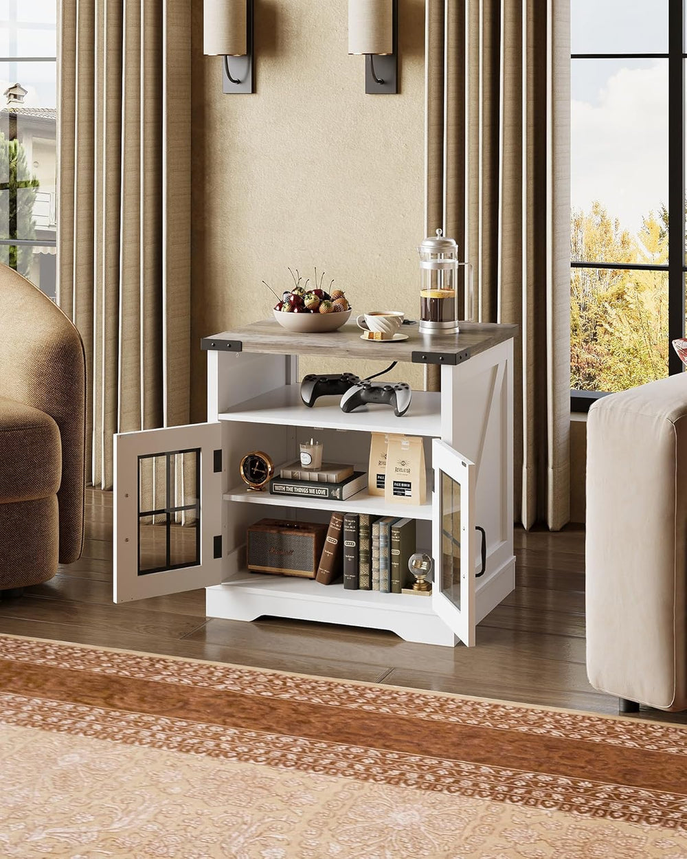 WLIVE Farmhouse End Table, 24" Side Table with Charging Station, LED Far...