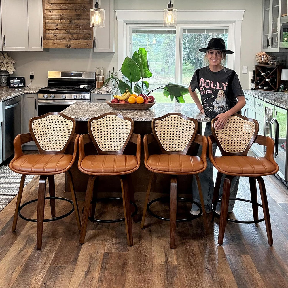 Mid-Century Modern Swivel Counter Stools with Supportive Rattan Back & Ar...