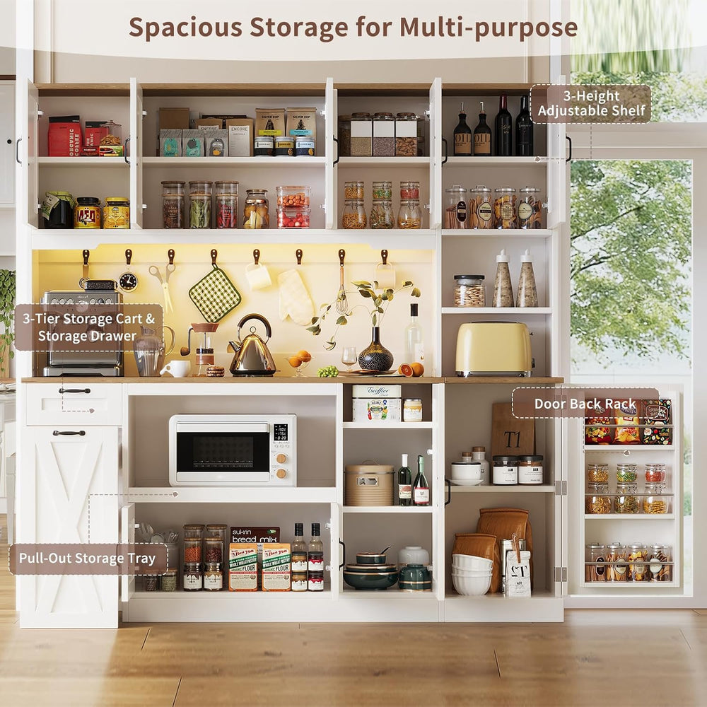 70.87" Kitchen Pantry Cabinet with LED Lighting & Charging Station, ...