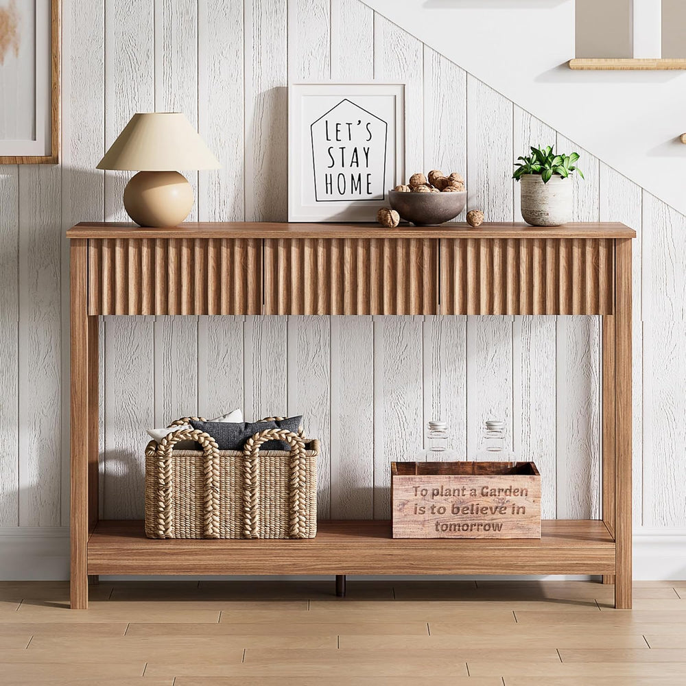 Treocho 47" Fluted Console Table with 3 Drawers and Storage Shelf | Narr...