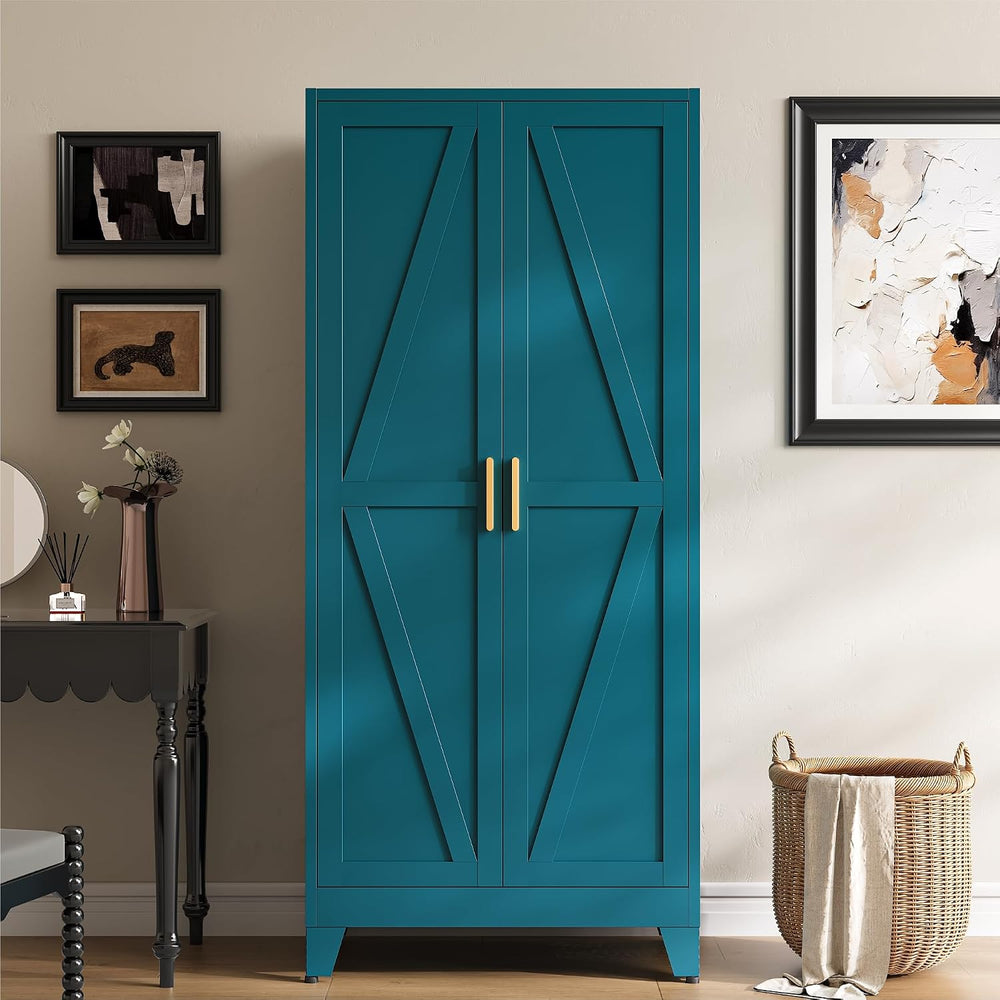 Metal Armoire Wardrobe Closet, Blue Farmhouse Storage Cabinet with Adjustable...