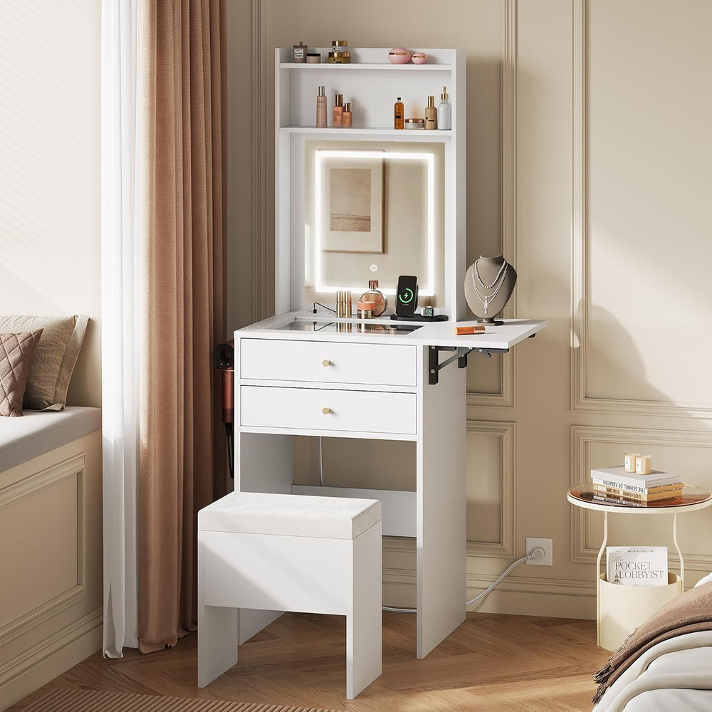 WLIVE Small White Vanity Desk with Mirror and Adjustable Lights for Girls | C...