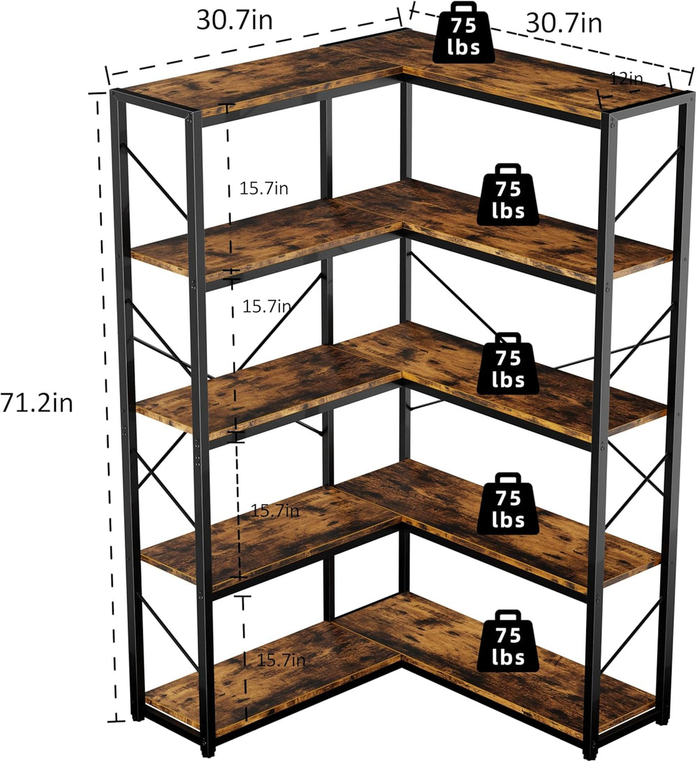 Shintenchi 5 Tier Corner Bookshelf, L Shaped Large Bookcase, Rustic Brown